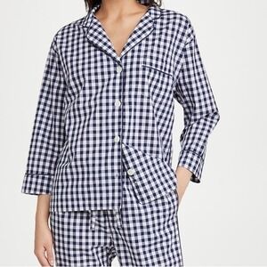 Sleepy Jones Womens XL Marina Pajama Shirt Navy White Gingham Cotton Button Up